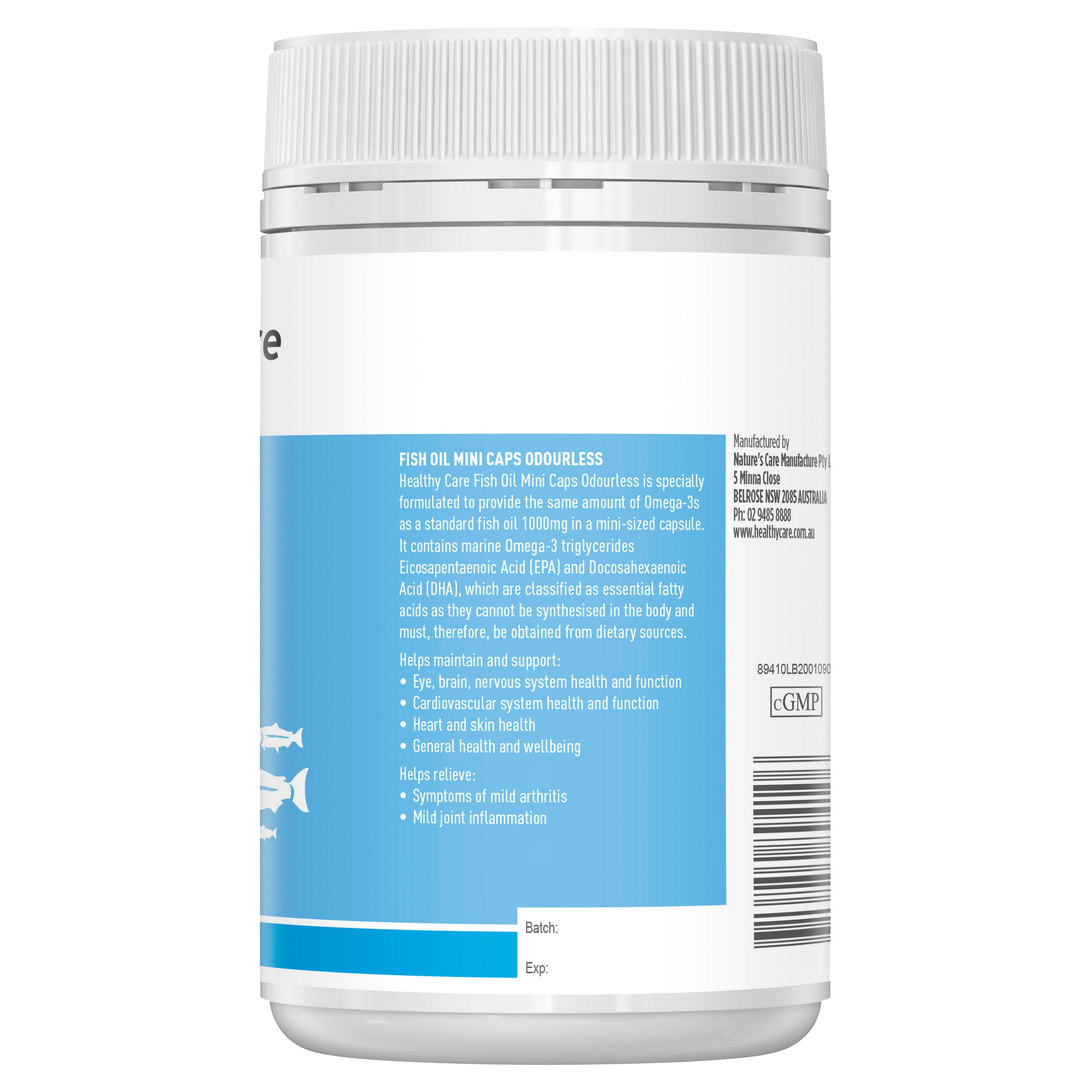 Packaging Showing the Directions, and Active Ingredients of Fish Oil Mini Caps Odourless 200 Capsules-Healthy Care Australia