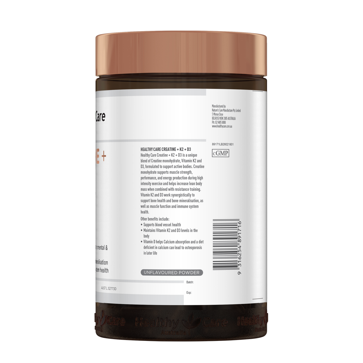 Healthy Care Creatine + K2 + D3 Powder (Unflavoured) - 300g