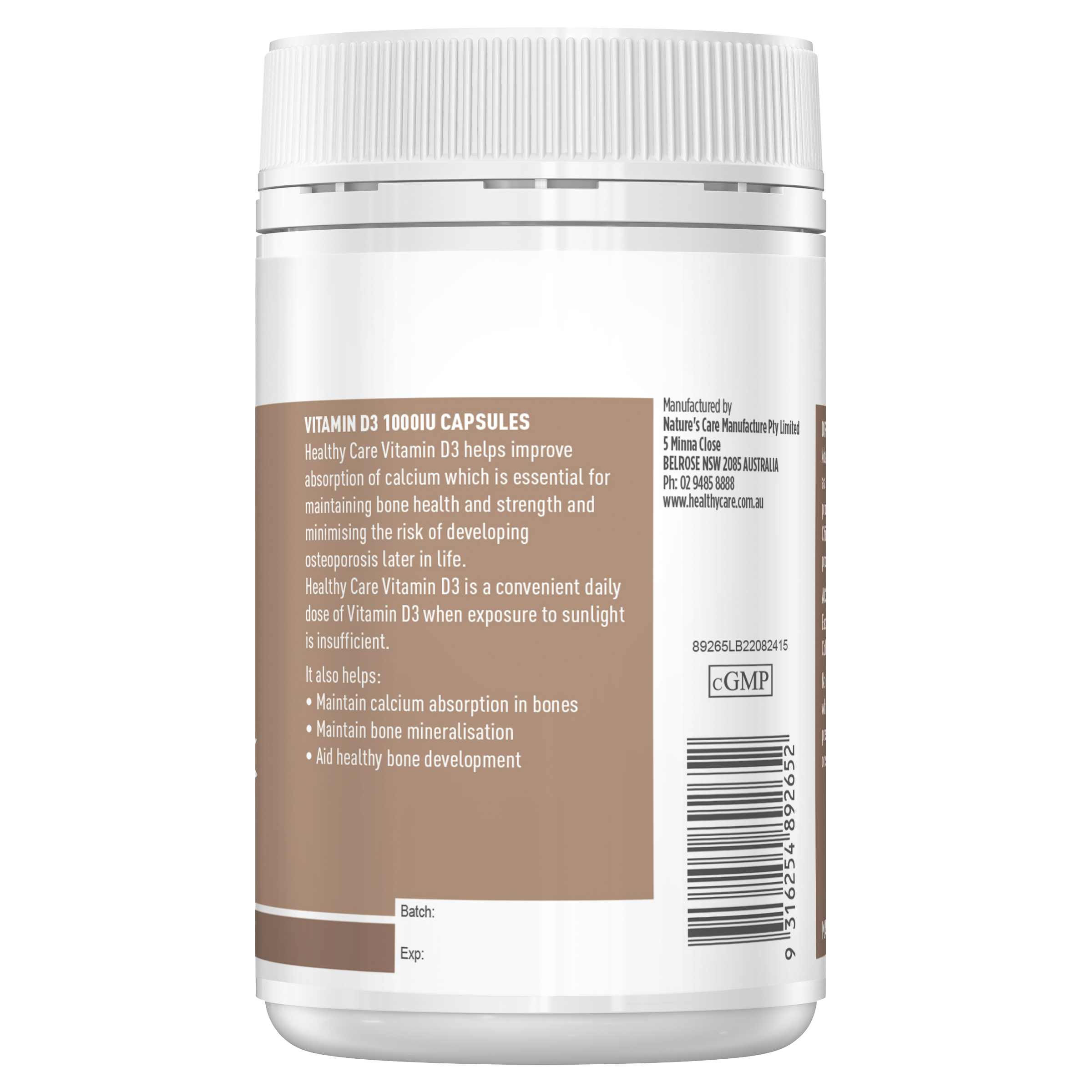 Healthy Care 维生素 D3 1000IU - 250 粒胶囊