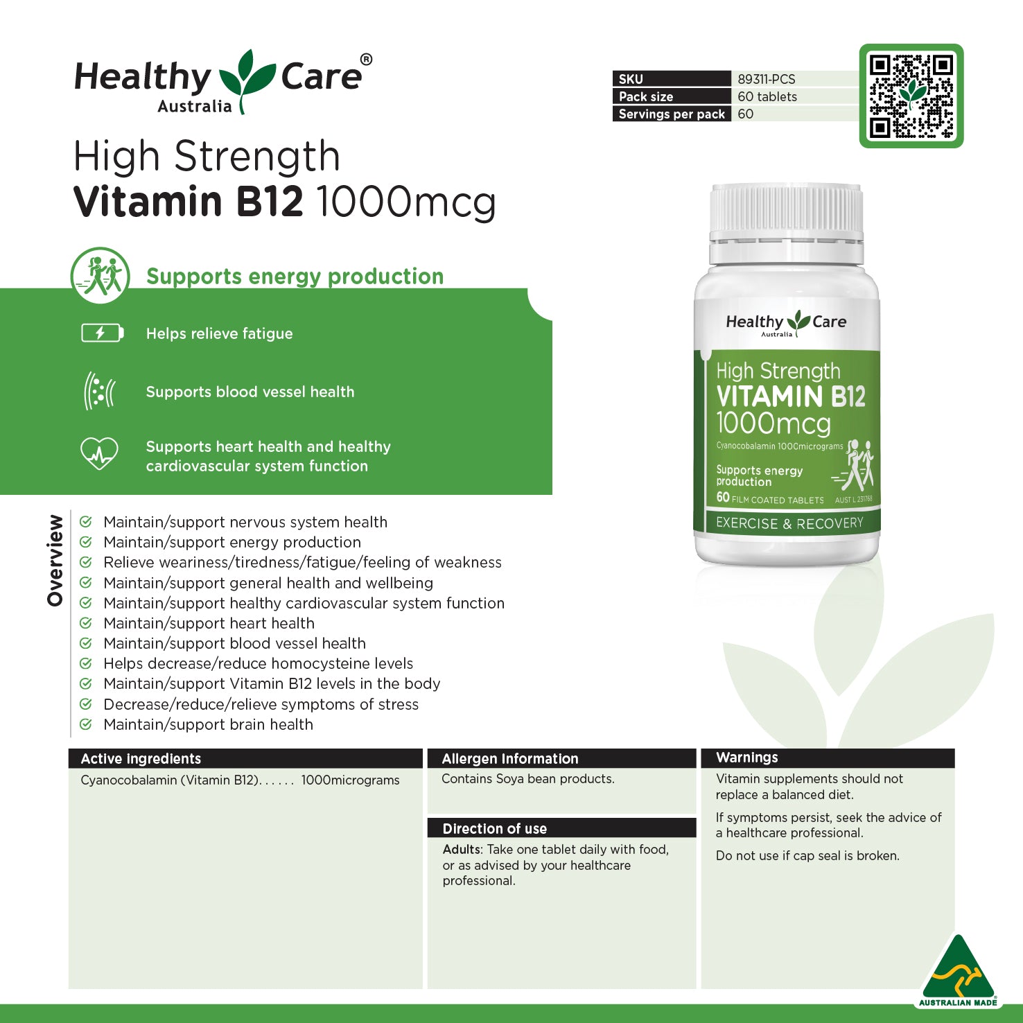 Healthy Care High Strength Vitamin B12 1000mcg 60 Tablets