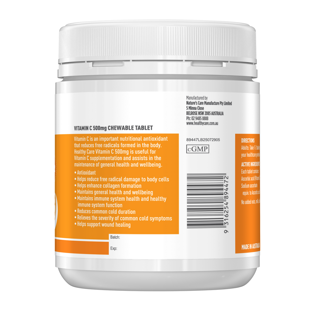 Healthy Care Vitamin C 500mg Chewable - 300 Tablets