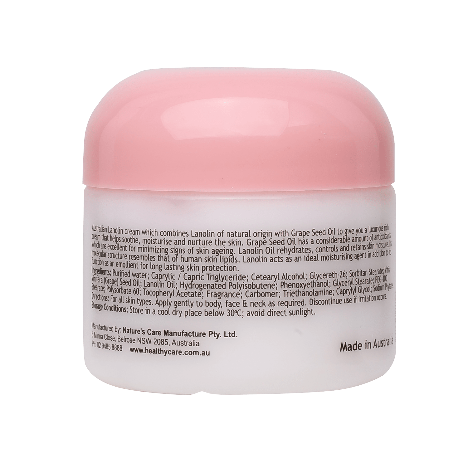 Lanolin Cream with Grape Seed 100g (Back of Tub Packaging)-Lotion & Moisturizer-Healthy Care Australia