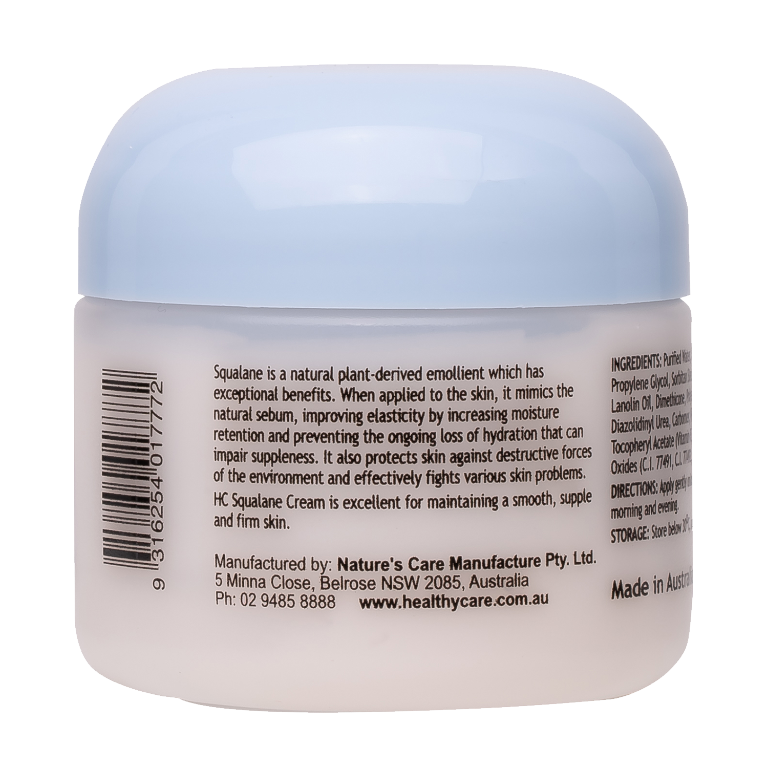 Squalane Cream 100g Tub Showing Its Benefits and Manufacturer-Healthy Care Australia