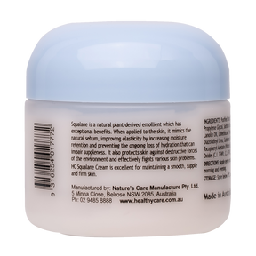 Squalane Cream 100g Tub Showing Its Benefits and Manufacturer-Healthy Care Australia