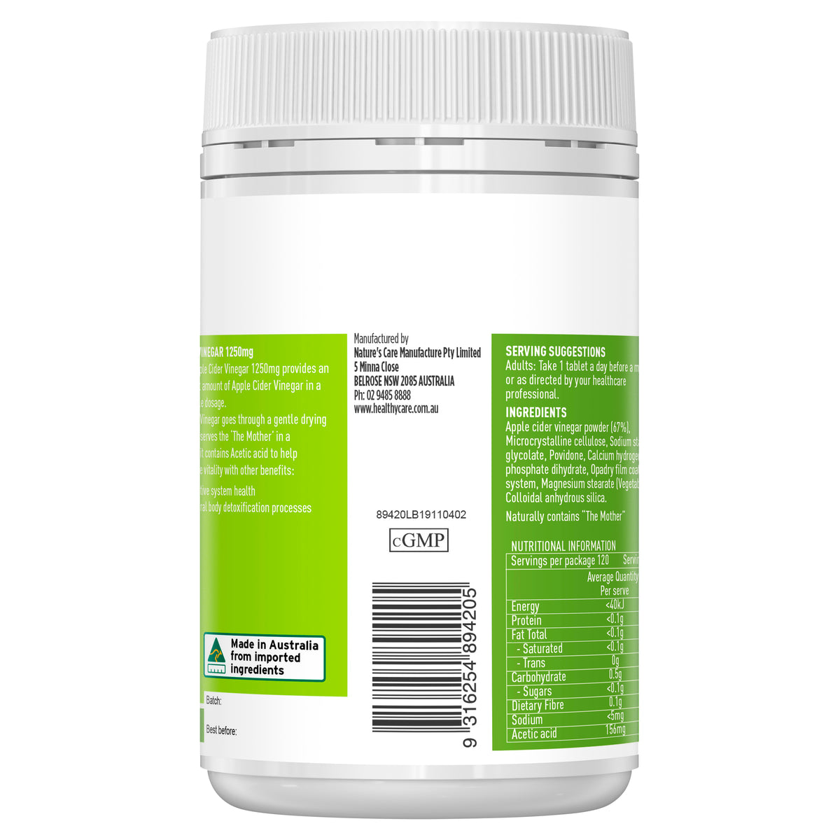 Apple Cider Vinegar 1250mg 120 Tablets-Vitamins & Supplements side label showing manufacturer-Healthy Care Australia