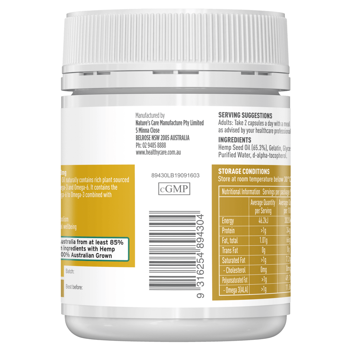 Hemp Seed Oil 1000mg 90 Capsules (Manufacturer and Barcode)-Healthy Care Australia