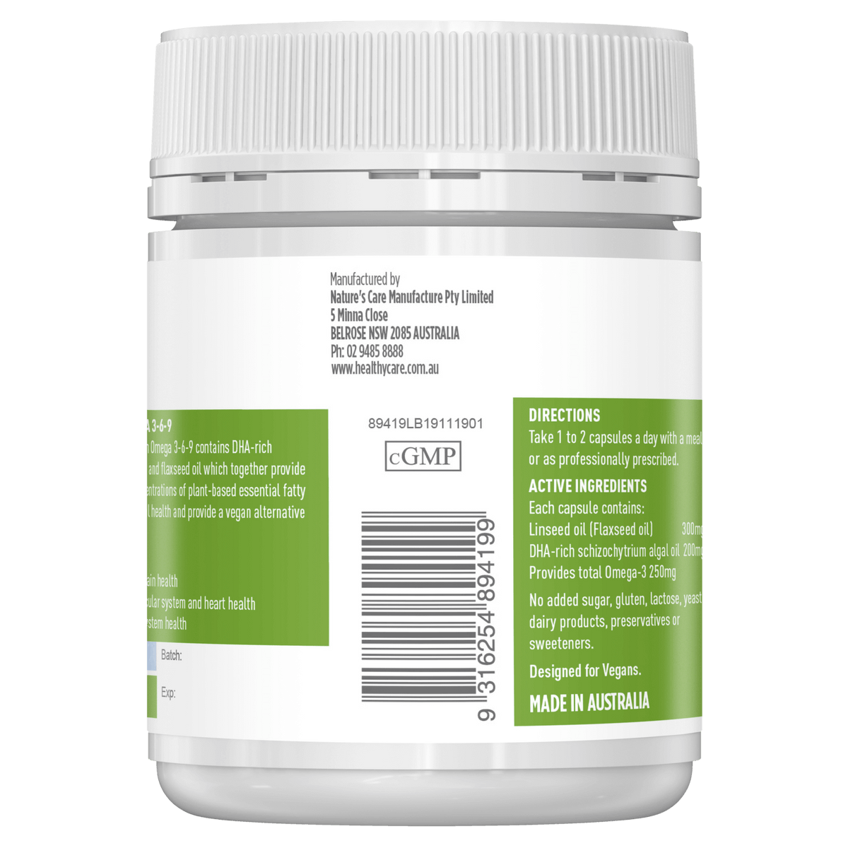 Manufacturer and Barcode of Pure Vegan Omega 3-6-9 60 Capsules-Healthy Care Australia