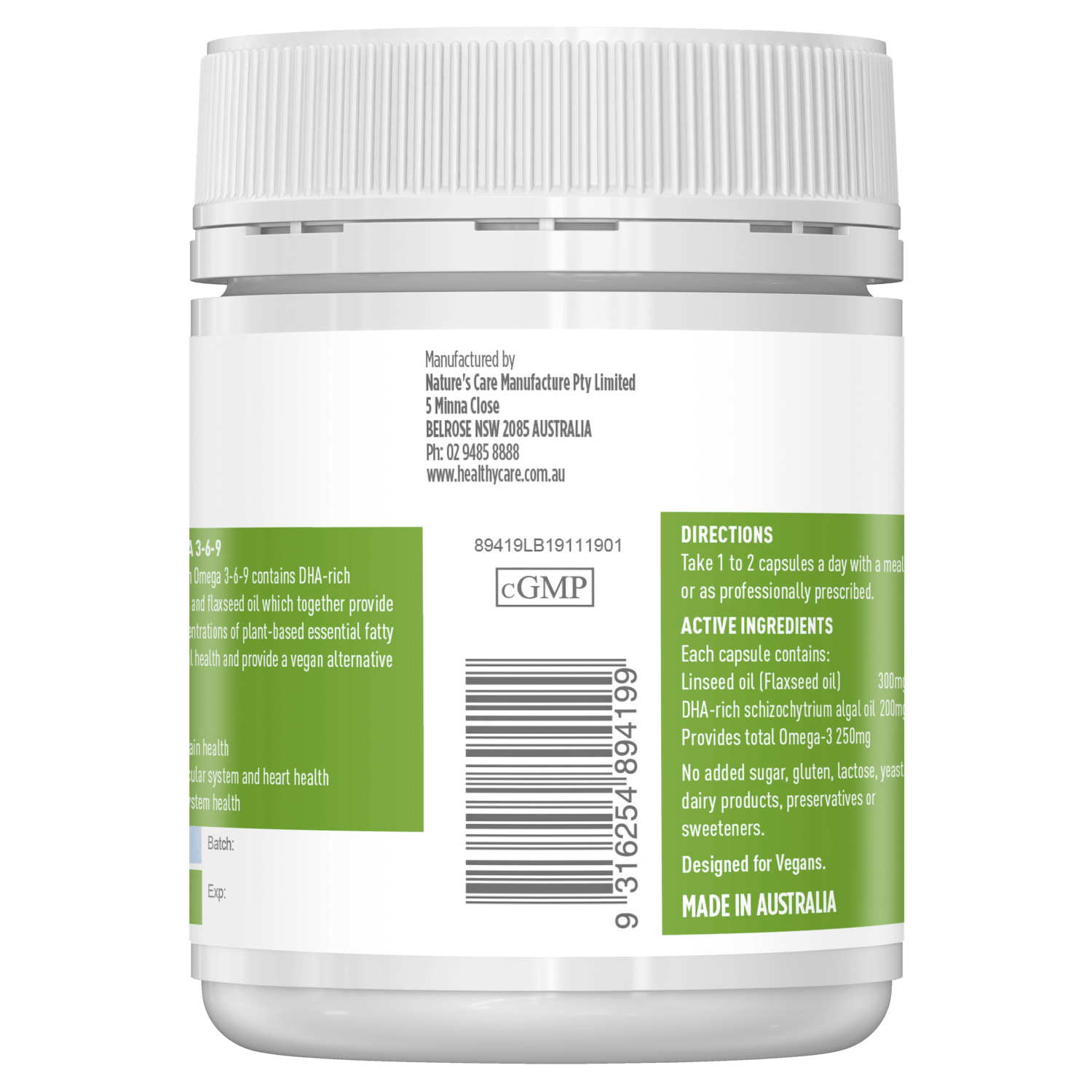 Manufacturer and Barcode of Pure Vegan Omega 3-6-9 60 Capsules-Healthy Care Australia