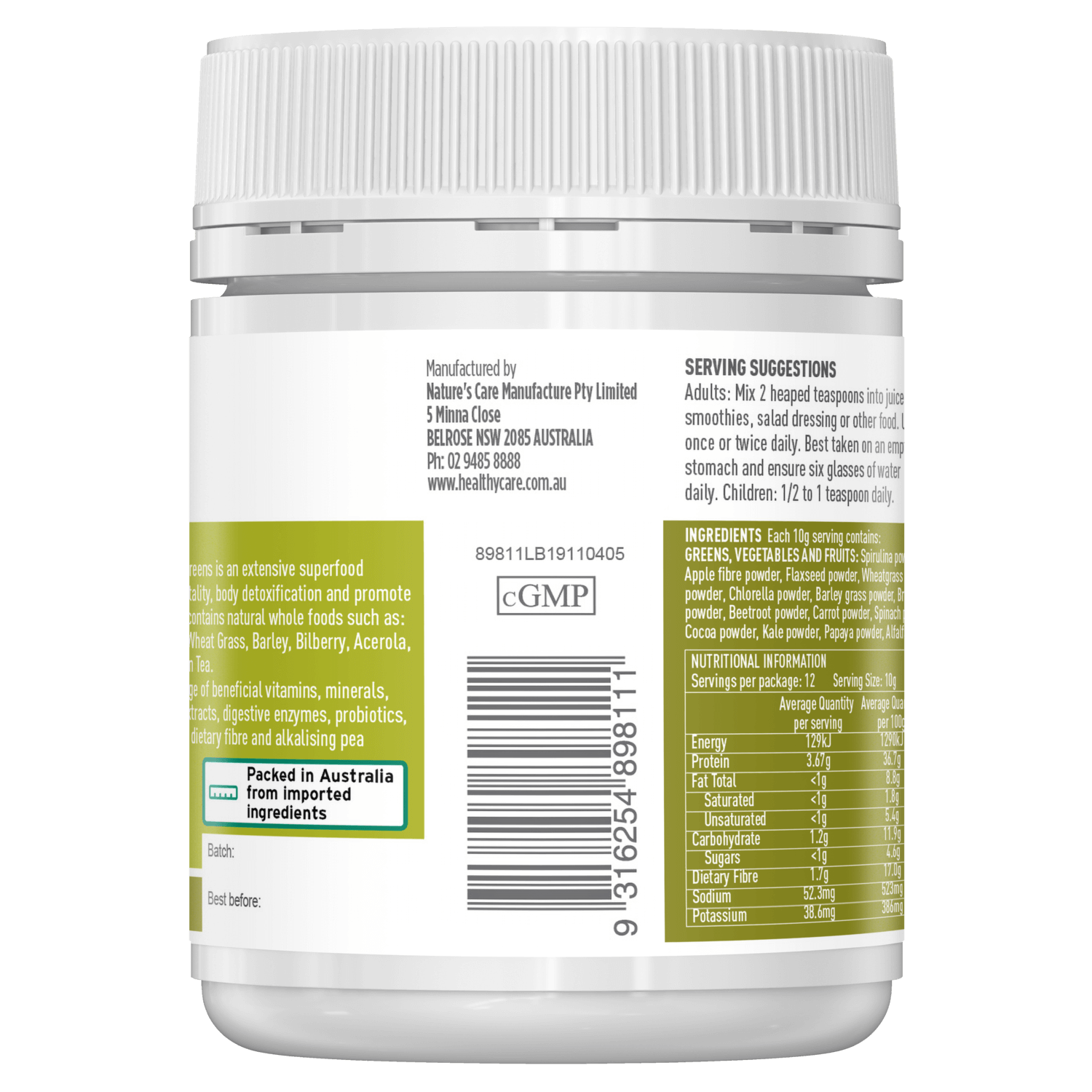 Manufacturer and Barcode of Super Greens 120g Powder-Vitamins & Supplements-Healthy Care Australia