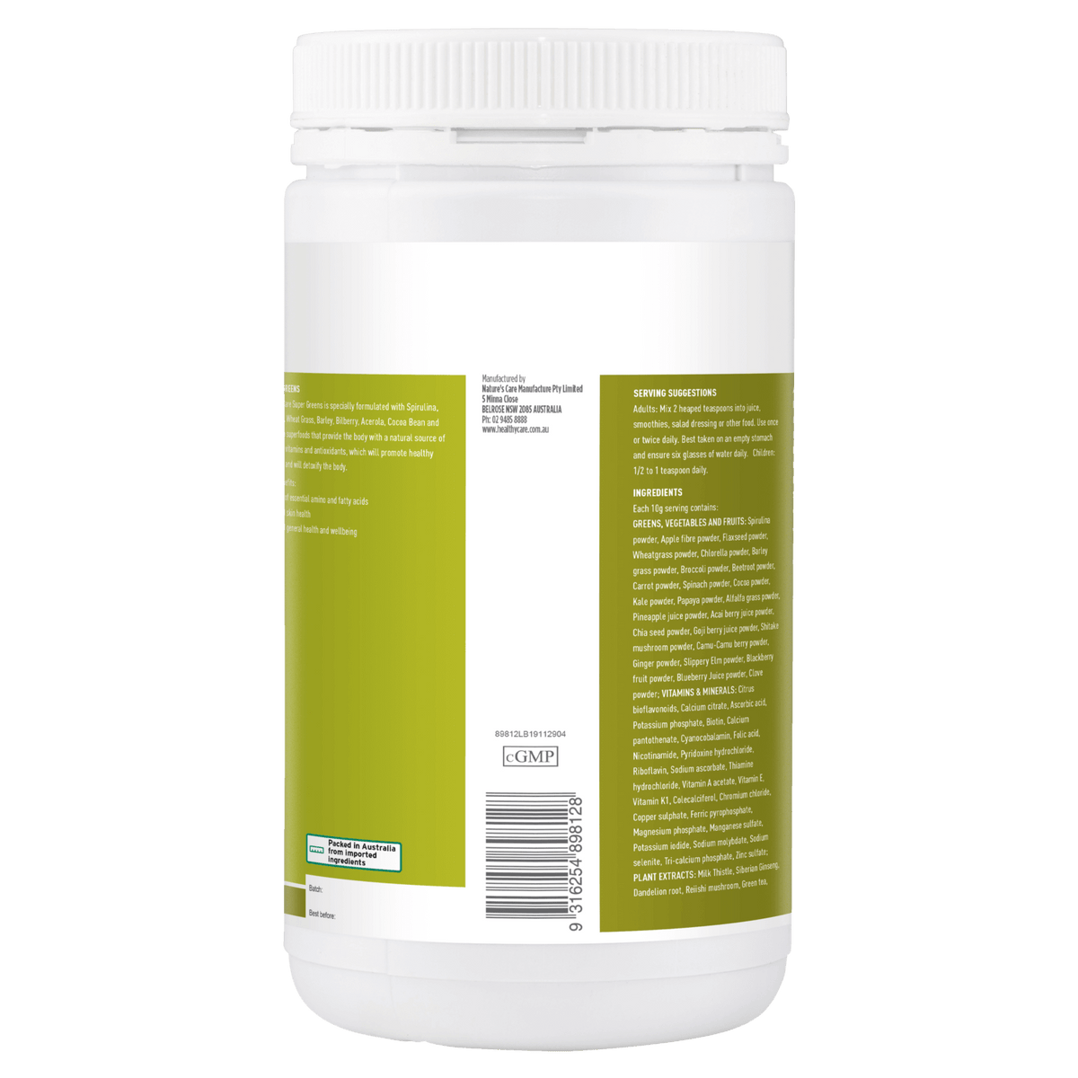 Manufacturer and Barcode of Super Greens 600g Powder-Vitamins & Supplements-Healthy Care Australia