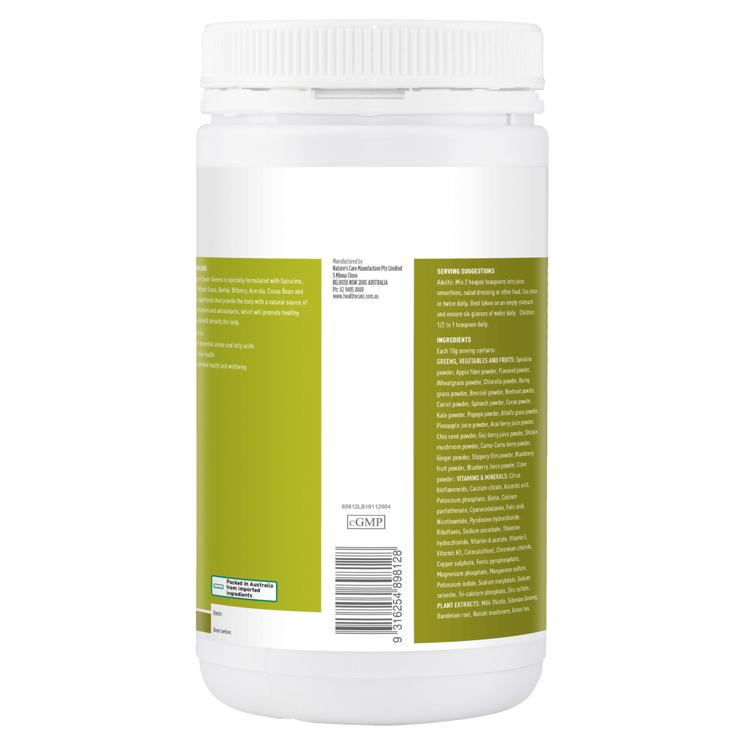 Manufacturer and Barcode of Super Greens 600g Powder-Vitamins & Supplements-Healthy Care Australia